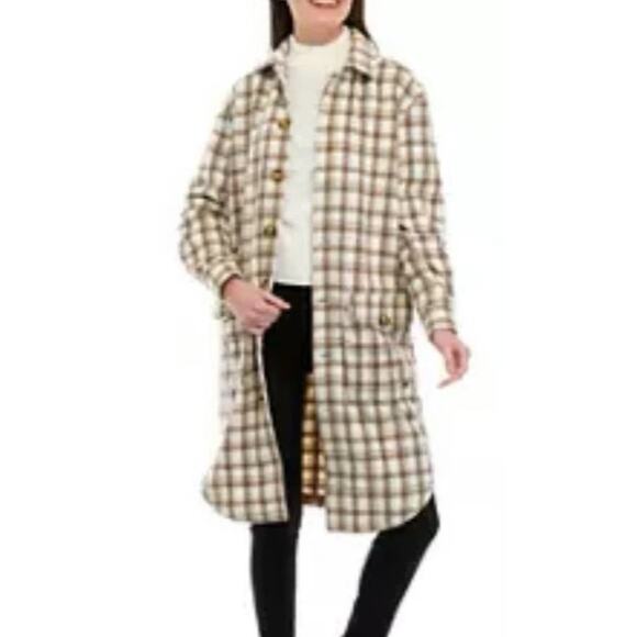 Buffalo David Bitton Large Flannel Cream Brown Plaid Long Line Shacket Cabincore - Picture 4 of 11